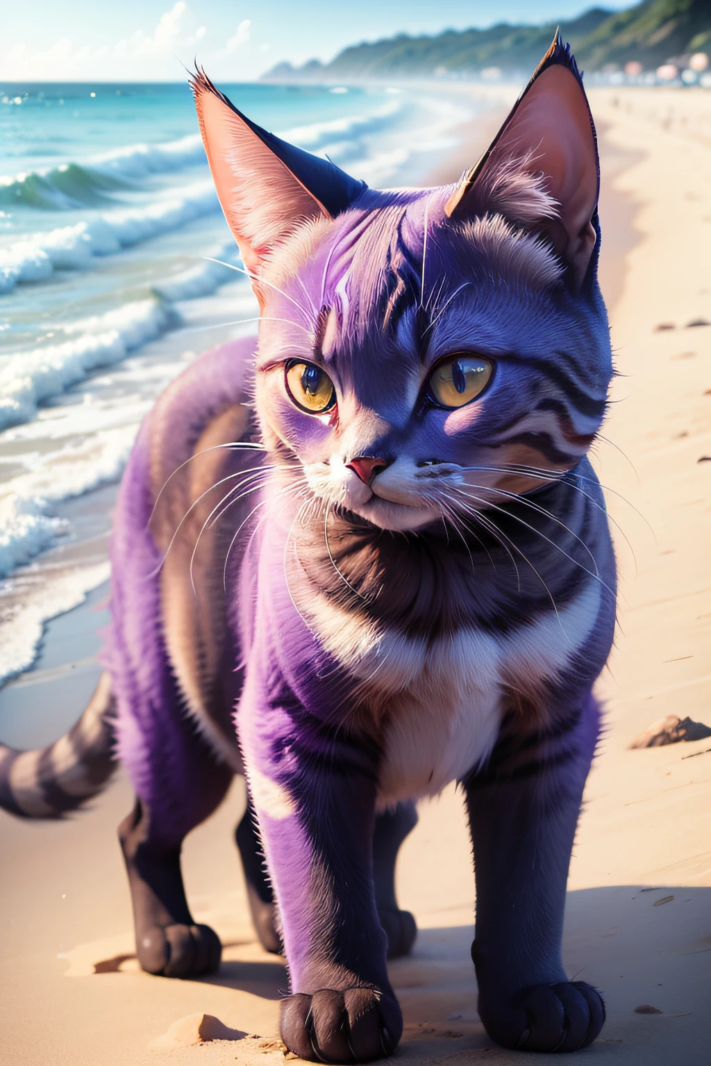 фиолетовый кот, Пляж, решение, - SeaArt AI