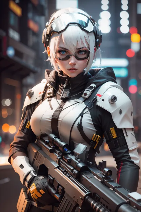 Girl, white hair, short hair, sniper rifle, 3d, realistic, cyberpunk, helmet