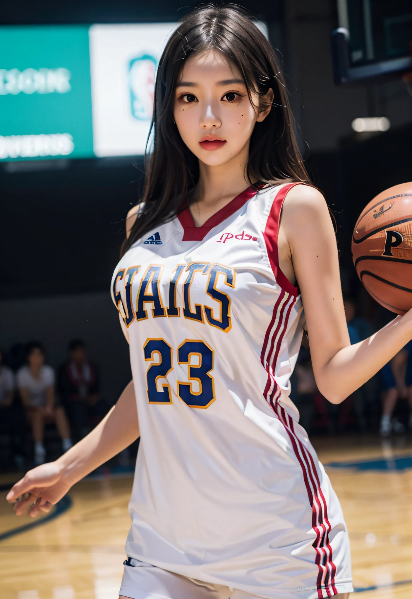 （ best qualtiy， tmasterpiece：1.2），A high resolution，8K,1girll，real looking skin，Dynamic light and shadow,Sharp focus,depth of fields,The eyes are delicate,pupil realistic, Playful expression， wear basketball uniform，（perfect bodies），（Big breasted 1.1），basketball playground，realisticlying, ultra - detailed, (shiny skins, perspired:1.4), looking at viewert,