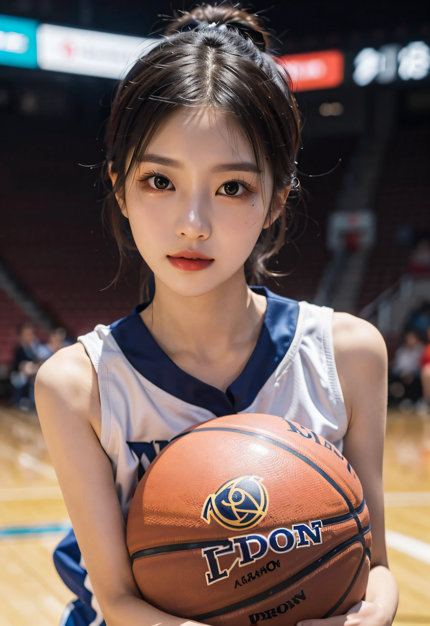 （ best qualtiy， tmasterpiece：1.2），A high resolution，4K,1girll，solo，Delicate face，real looking skin，Dynamic light and shadow,Sharp focus,depth of fields,The eyes are delicate,pupil realistic, Playful expression， wear basketball uniform，（perfect bodies），（Big breasted 1.1），basketball playground，realisticlying, ultra - detailed, (shiny skins, perspired:1.4), looking at viewert,