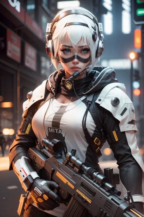 Girl, white hair, short hair, sniper rifle, 3d, realistic, cyberpunk, headphones, masked, nvidia