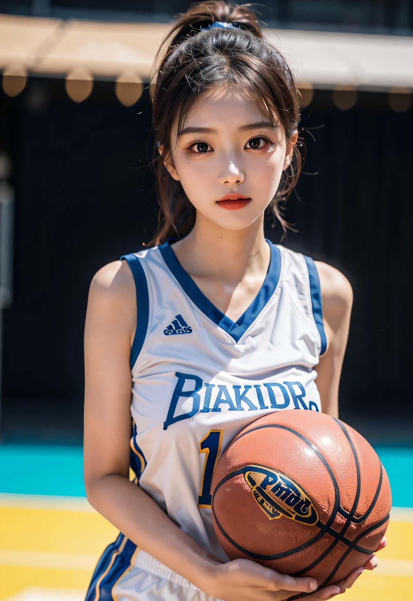 （ best qualtiy， tmasterpiece：1.2），A high resolution，4K,1girll，solo，Delicate face，real looking skin，Dynamic light and shadow,Sharp focus,depth of fields,The eyes are delicate,pupil realistic, Playful expression， wear basketball uniform，（perfect bodies），（Big breasted 1.1），basketball playground，realisticlying, ultra - detailed, (shiny skins, perspired:1.4), looking at viewert,