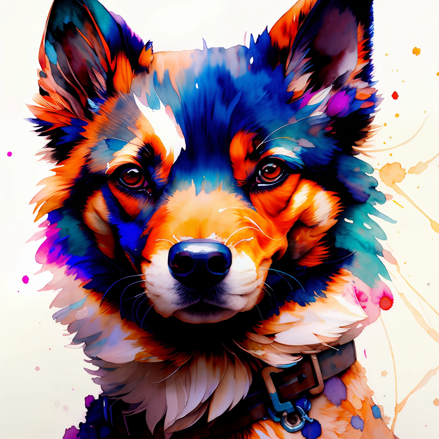 wtrcolor style, Digital art of (dog character), official art, frontal, smiling, masterpiece, Beautiful, ((watercolor)), face paint, paint splatter, intricate details. Highly detailed, detailed eyes, [dripping:0.5], Trending on artstation, by Rachel Walker