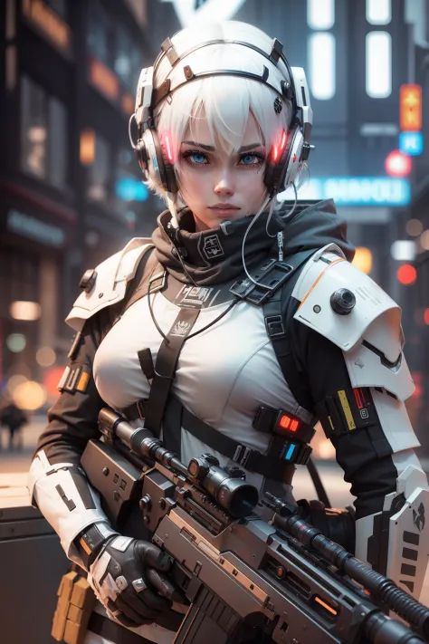 Girl, white hair, short hair, sniper rifle, 3d, realistic, cyberpunk, headphones, armor, neon