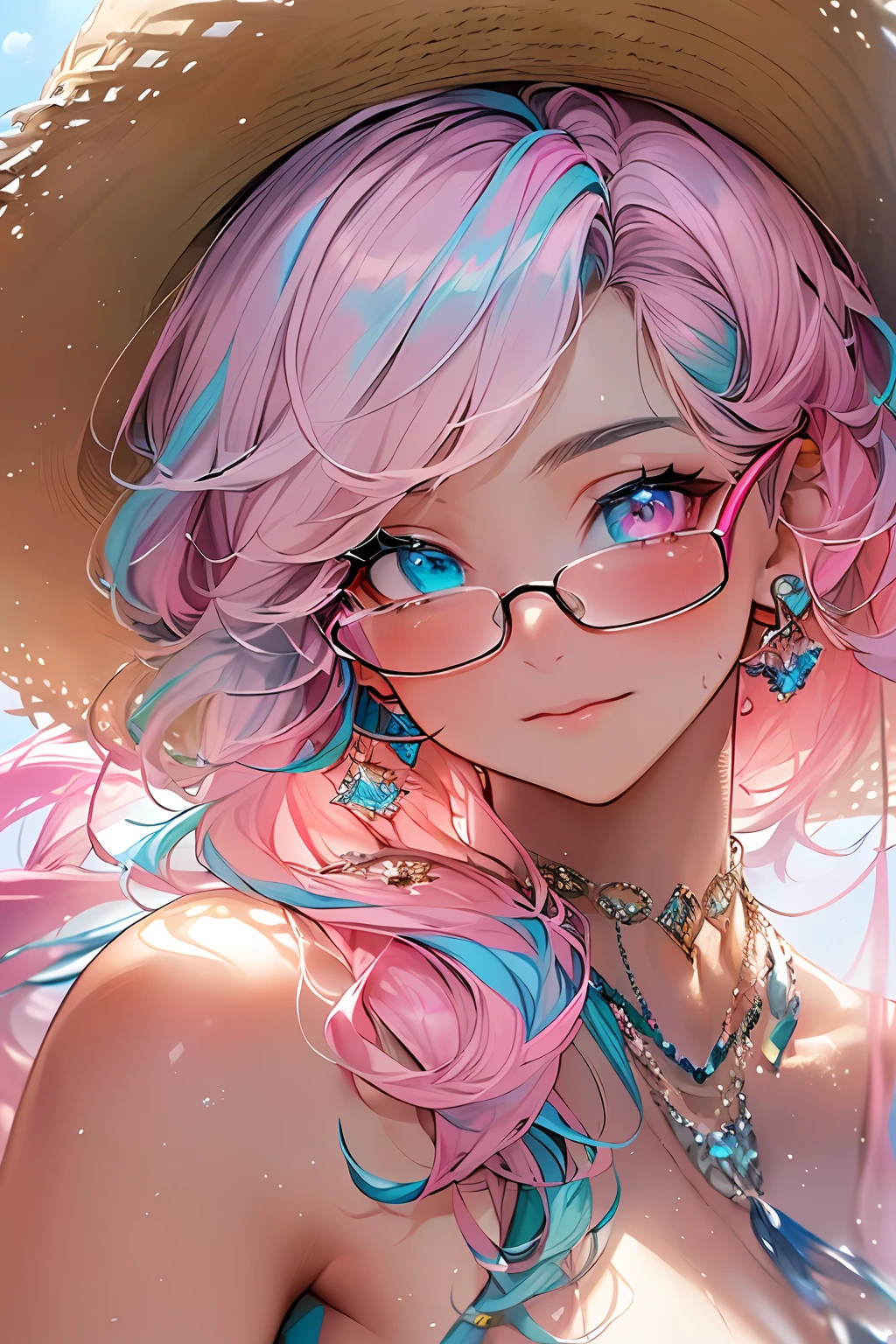 ((Masterpiece, Best Quality, Watercolor Art (Pendant), Official Art, Beautiful and Aesthetic: 1.2)), (1 Girl: 1.3), (Fractal Art: 1.3), Full Body, (Glitter Pupil)), Pattern, (((Iridescent hair, Colorful hair, Half blue and half pink hair: 1.2)), Colorful, (Glasses), Writing, Heterochromia, (Colorful: 1.5), (Swimsuit)), (( straw hat)), sea, sandy beach, sunny sky, (((shy face)), ((micro bikini)), (standing), (hyper detail), ((delicate detail)), (complex detail), ((cinematic light, highest quality backlight)), high contrast, ((best lighting, very delicate and beautiful)), (cinematic light)), (ray-traced reflection, brilliance), (( Shining Aura)), ((Shining Hair)), ((Super Detail)), ((8K))