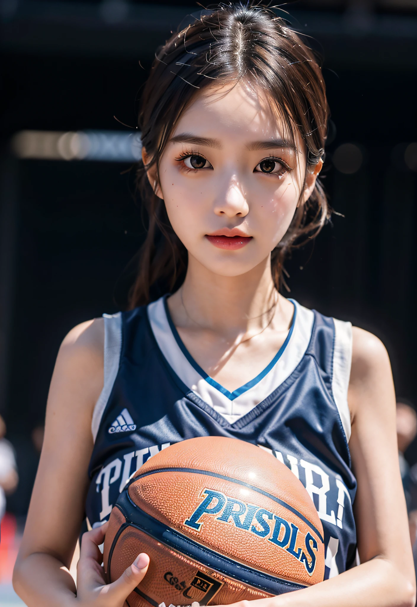 （ best qualtiy， tmasterpiece：1.2），A high resolution，4K,1girll，独奏，Delicate face，real looking skin，Dynamic light and shadow,Sharp focus,depth of fields,The eyes are delicate,pupil realistic, Playful expression， wear basketball uniform，（perfect bodies），（Big breasted 1.3），basketball playground，realisticlying, ultra - detailed, (shiny skins, perspired:1.4), looking at viewert,