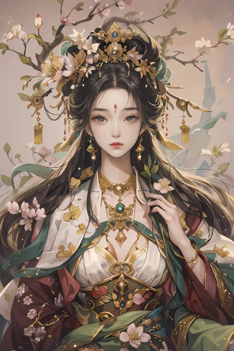 Original，（illustratio：1.1），（best qualtiy），（tmasterpiece：1.1），（the Extremely Detailed CG Unity 8K Wallpapers），（a color：1.2），1 Plum Blossom God，goddes，Bust，ancient costume，best qualtiy，Extremely detailed jewelry，Plum petals，scenecy，rios|Wagas，