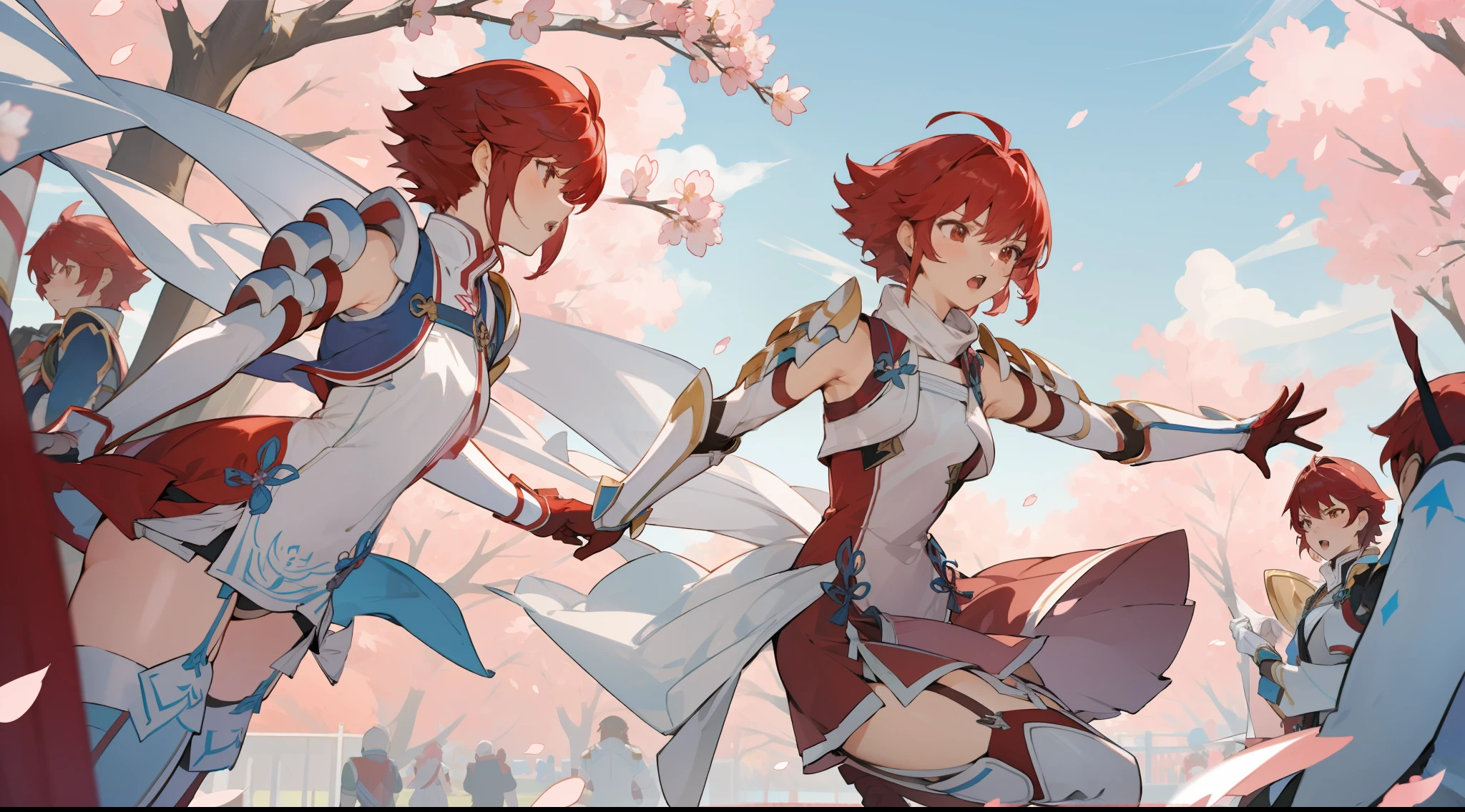 masterpiece, best quality, hinoka, short dress, white scarf, shoulder armor, vambraces, garter straps, thigh boots, red gloves, jumping, midair, yelling, clouds, cherry blossoms, (thousands of, crowd of), girls, identical sisters, clones, crowd shot