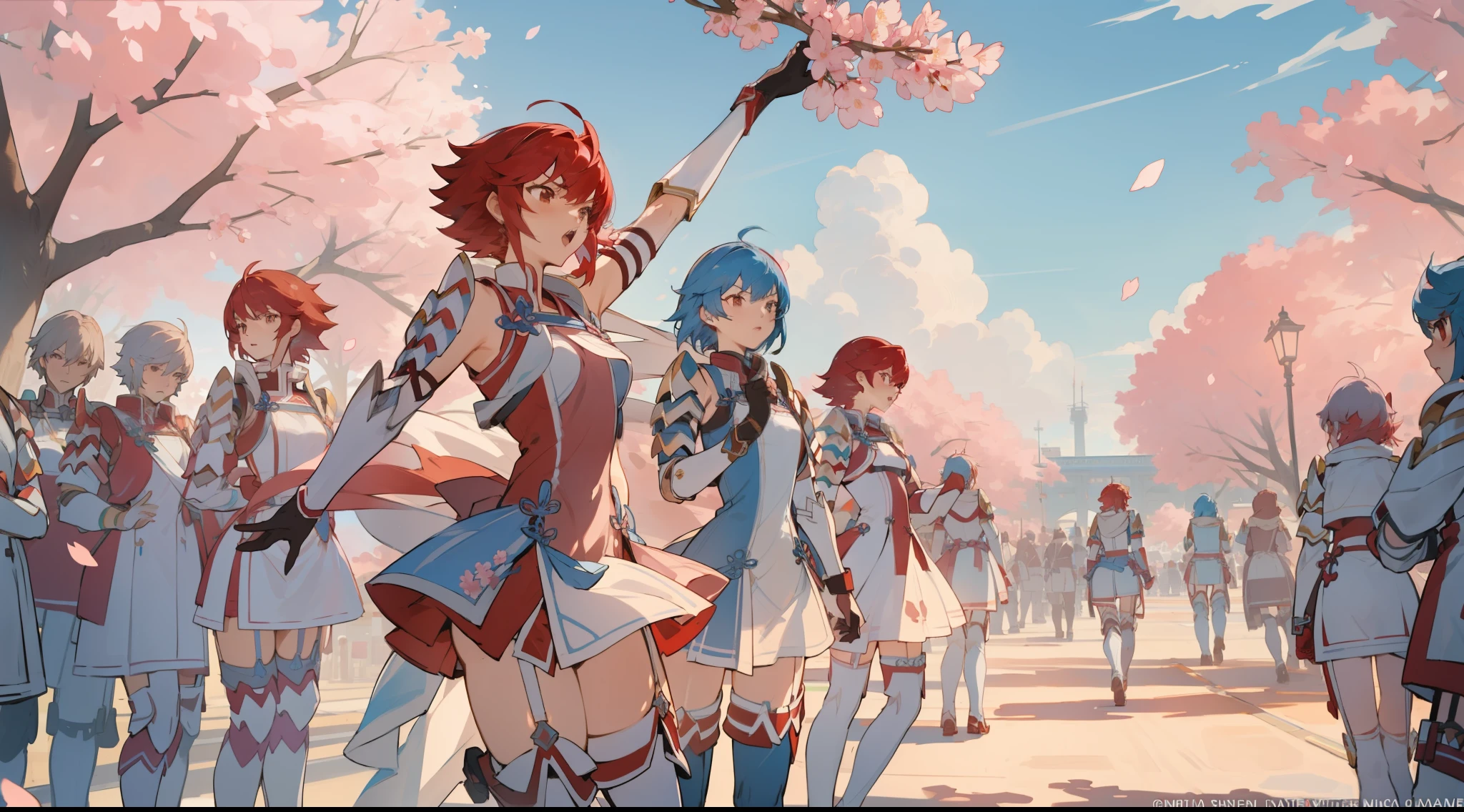 masterpiece, best quality, hinoka, short dress, white scarf, shoulder armor, vambraces, garter straps, thigh boots, red gloves, jumping, midair, yelling, clouds, cherry blossoms, (thousands of, crowd of), girls, identical sisters, clones, crowd shot, clones standing in formation, in neat rows