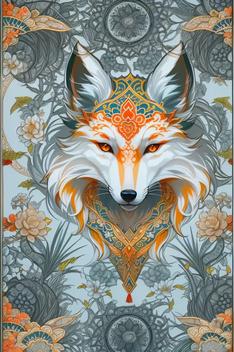 (White background:1.4),(Symmetrical:1.5),(Masterpiece fox head, In the middle,  Oriental elements),（China - chic illustration:1....