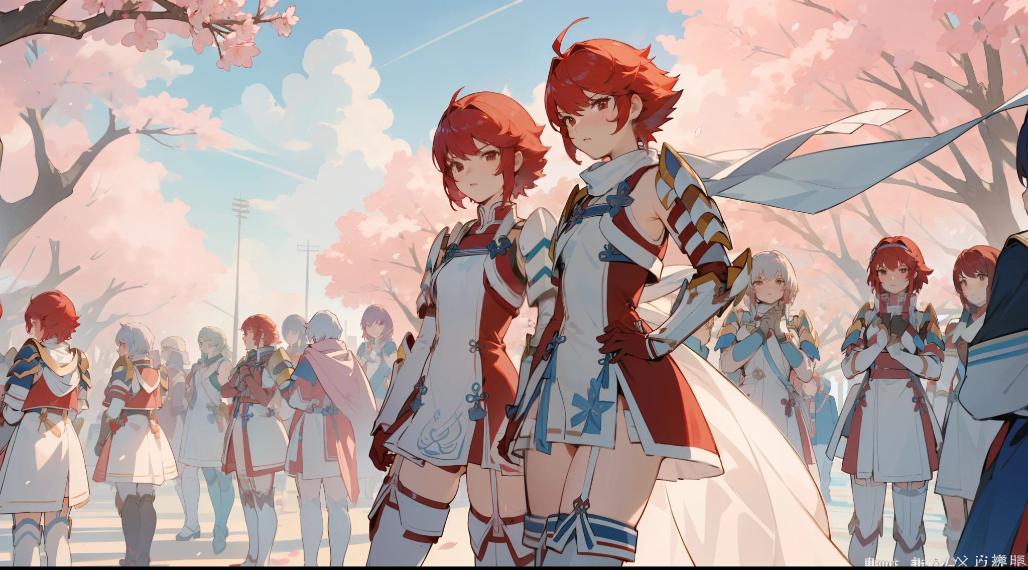 masterpiece, best quality, hinoka, short dress, white scarf, shoulder armor, vambraces, garter straps, thigh boots, red gloves, clouds, cherry blossoms, (thousands of, crowd of), girls, identical sisters, clones, crowd shot, clones standing in formation, in neat rows, shoulder to shoulder, in front of viewer, looking at viewer