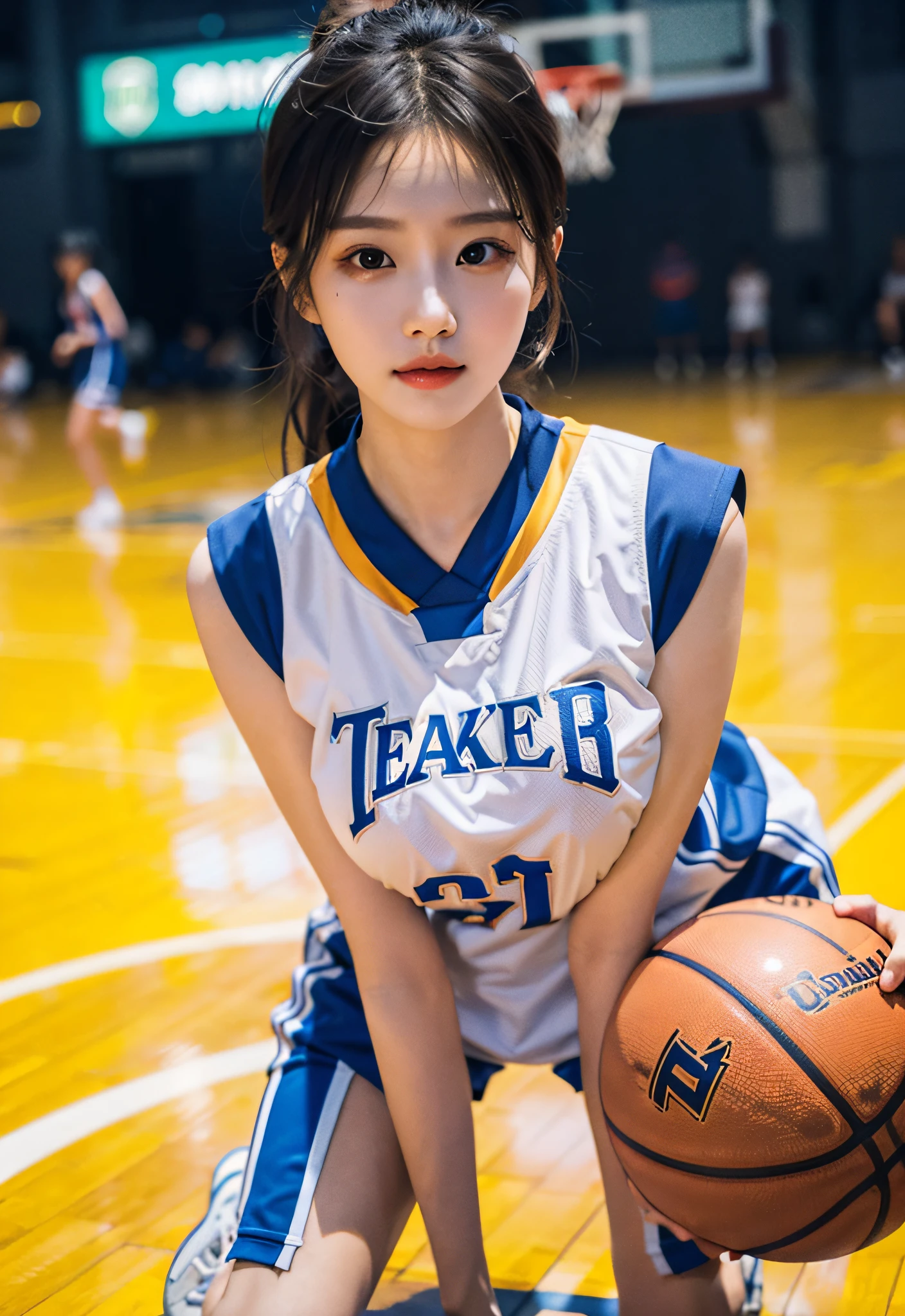 （ best qualtiy， tmasterpiece：1.2），A high resolution，4K,1girll，solo，Delicate face，real looking skin，Dynamic light and shadow,Sharp focus,depth of fields,The eyes are delicate,pupil realistic, Playful expression， wear basketball uniform，（perfect bodies），（Big breasted 1.3），basketball playground，realisticlying, ultra - detailed, (shiny skins, perspired:1.4), looking at viewert,