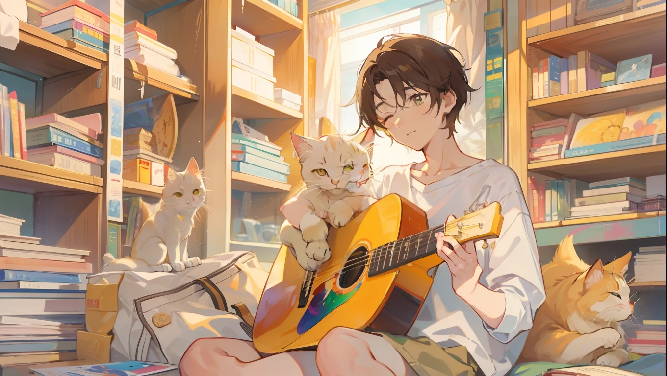 A young male artist with short brown hair sleeping, study , golden light, guitars, musical instruments, one white cat, different eye color, bookshelves high to the roof, soft dream scene, light brown and yellow, bright palette, wide bright yellow, animated artistic style, OShare Kei, accurate painting, Traincore, Korea Wave, in the style of light-filled compositions, precision painting, Traincore, Korean wave, long lens