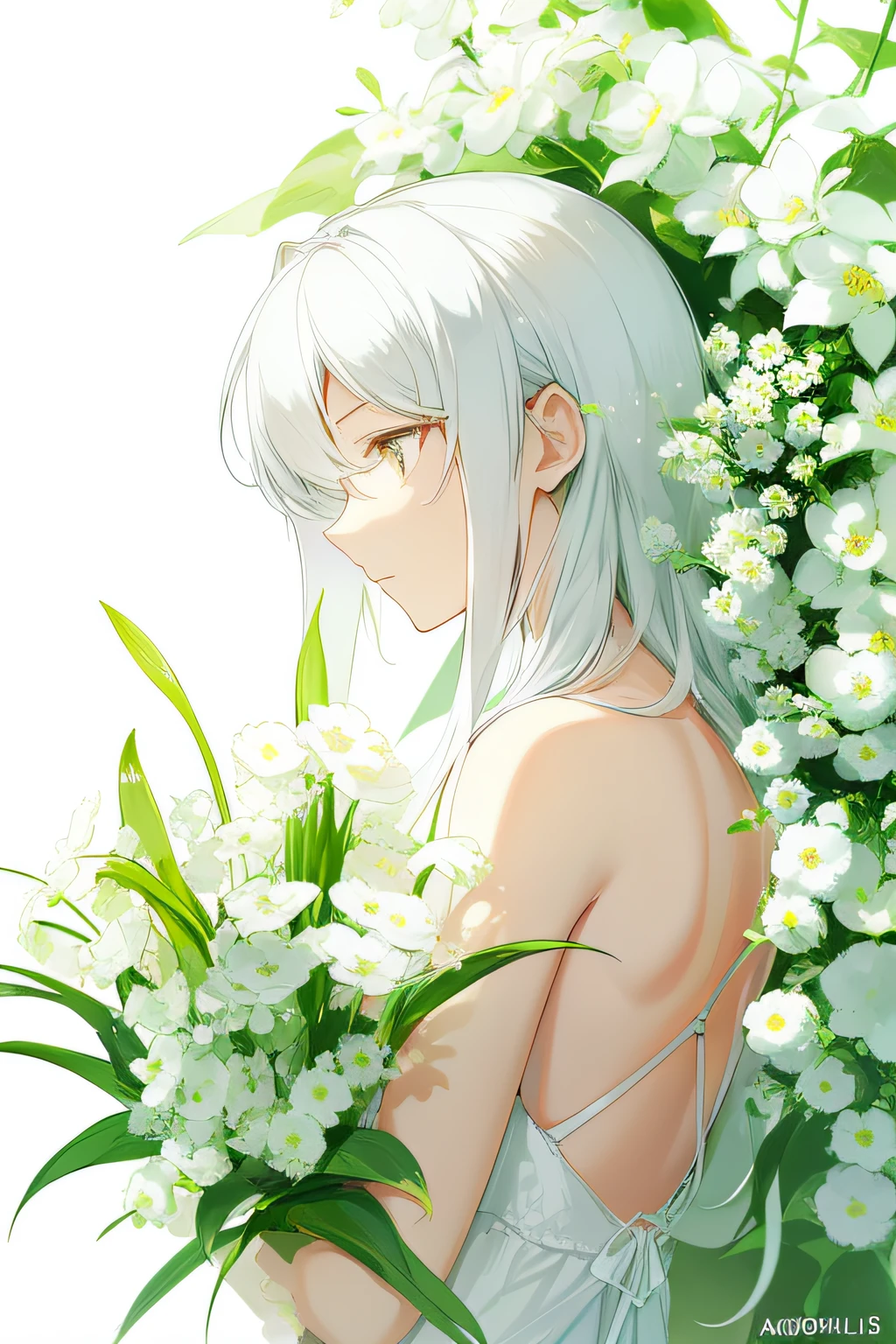 abstract illustration, simple structure, natural color, low contrast, simple white background, best light, best shadow, best quality, masterpiece, beautiful illumination, high resolution, lily of the valley, beautiful white flowers, 1girl, solo, backless dress, upper part of the body, back, from the right side, beautiful face, white skin, long eyelashes, close eyes, look away, long white hair, have a white flower bouquet,