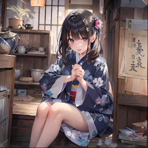 (top-quality、8K、32K、​masterpiece、nffsw:1.3)、(Attractive Japanese Woman Pictures)、Girl sitting in the corner of the storeroom、Yukata、A dark-haired、Black eye、