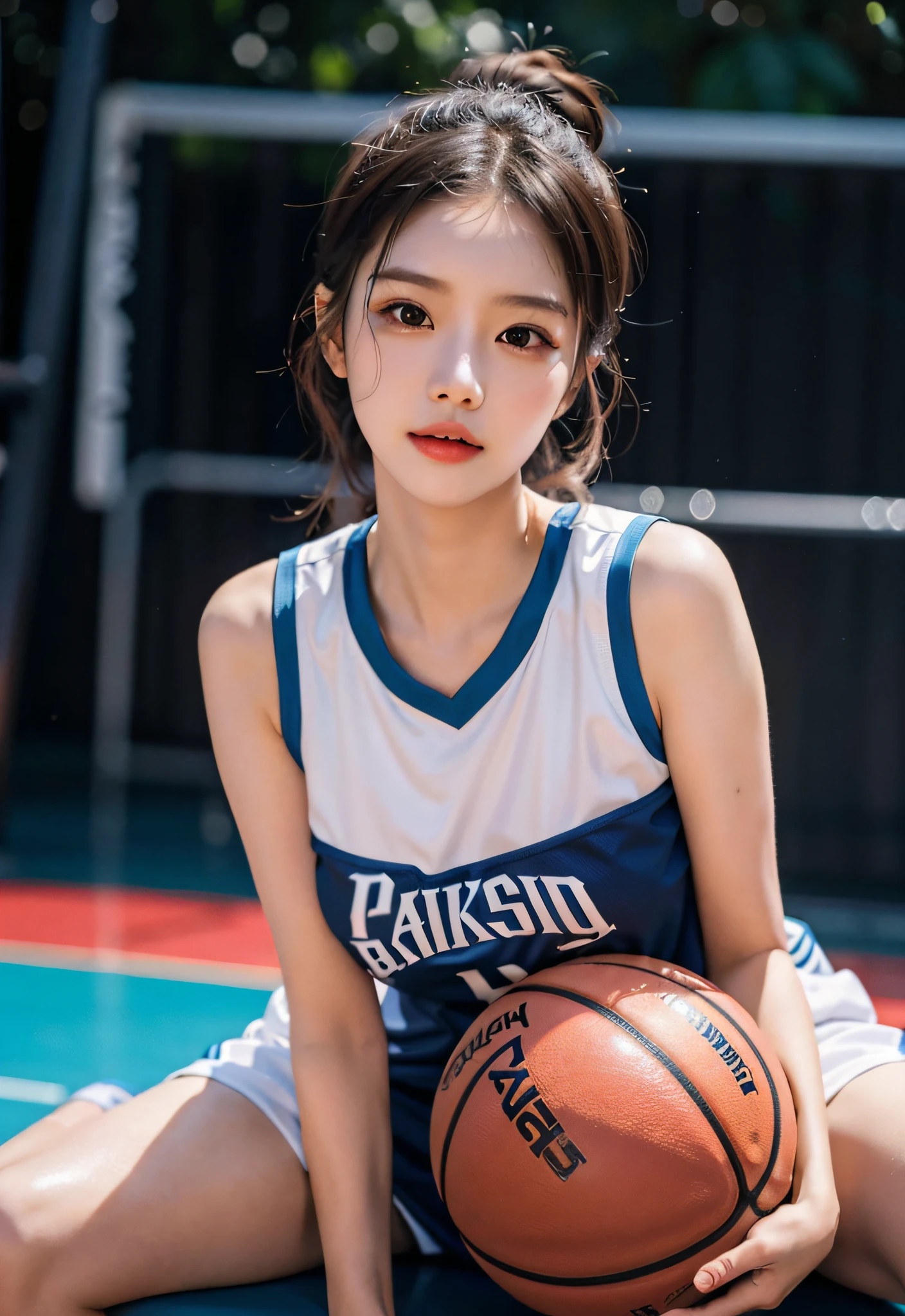 （ best qualtiy， tmasterpiece：1.2），A high resolution，4K,1girll，独奏，Delicate face，real looking skin，Dynamic light and shadow,Sharp focus,depth of fields,The eyes are delicate,pupil realistic, Playful expression， wear basketball uniform，（perfect bodies），（Big breasted 1.4），basketball playground，realisticlying, ultra - detailed, (shiny skins, perspired:1.4), looking at viewert,