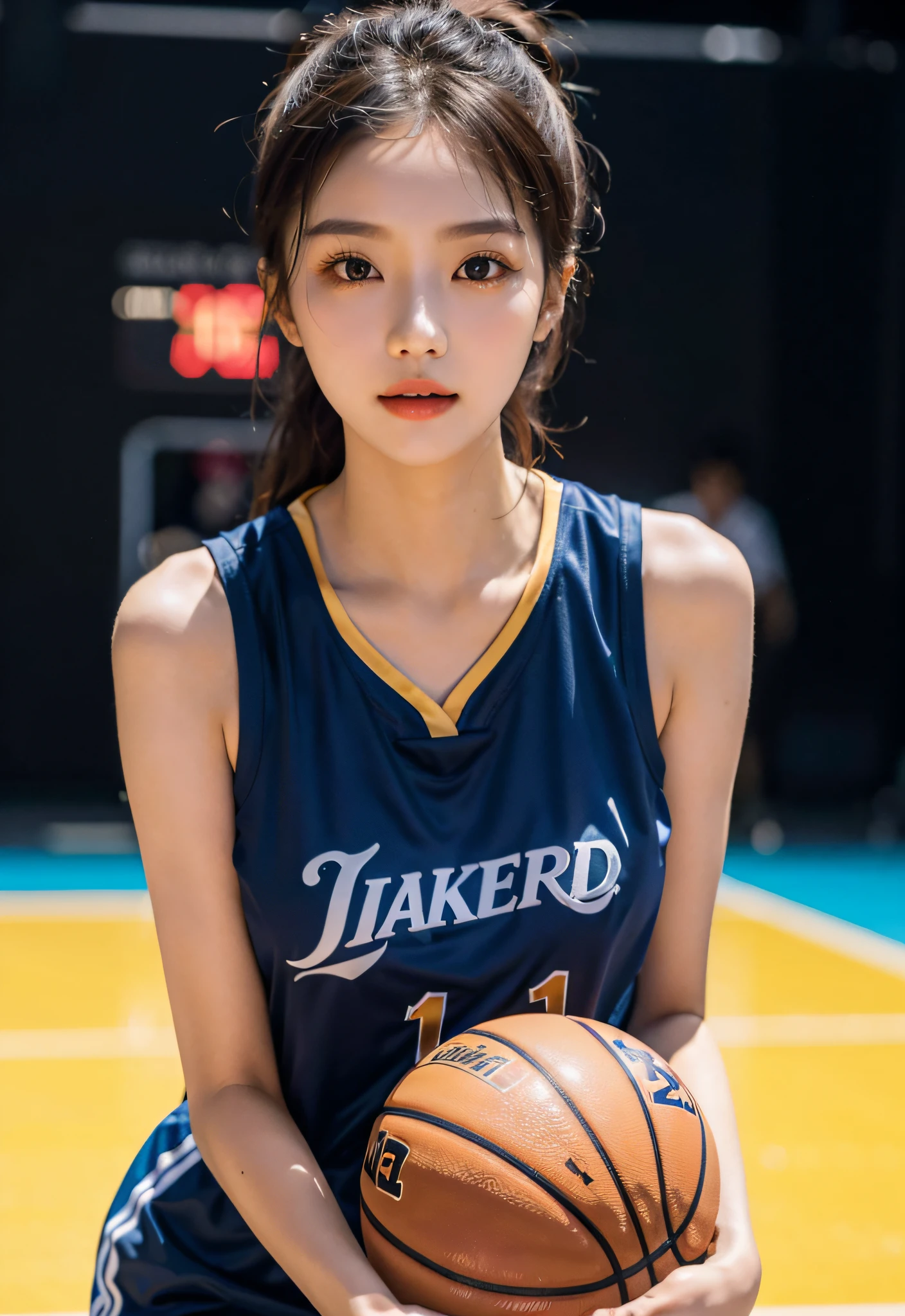 （ best qualtiy， tmasterpiece：1.2），A high resolution，4K,1girll，solo，Delicate face，real looking skin，Dynamic light and shadow,Sharp focus,depth of fields,The eyes are delicate,pupil realistic, Playful expression， wear basketball uniform，（perfect bodies），（Big breasted 1.4），basketball playground，realisticlying, ultra - detailed, (shiny skins, perspired:1.4), looking at viewert,