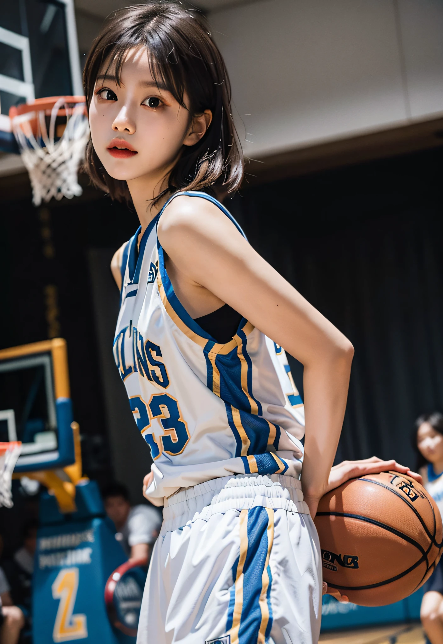 （ best qualtiy， tmasterpiece：1.2），A high resolution，4K,1girll，独奏，Delicate face，real looking skin，Dynamic light and shadow,Sharp focus,depth of fields,The eyes are delicate,pupil realistic, Playful expression， wear basketball uniform，（perfect bodies），（Milk 1.4），basketball playground，realisticlying, ultra - detailed, (shiny skins, perspired:1.4), looking at viewert,