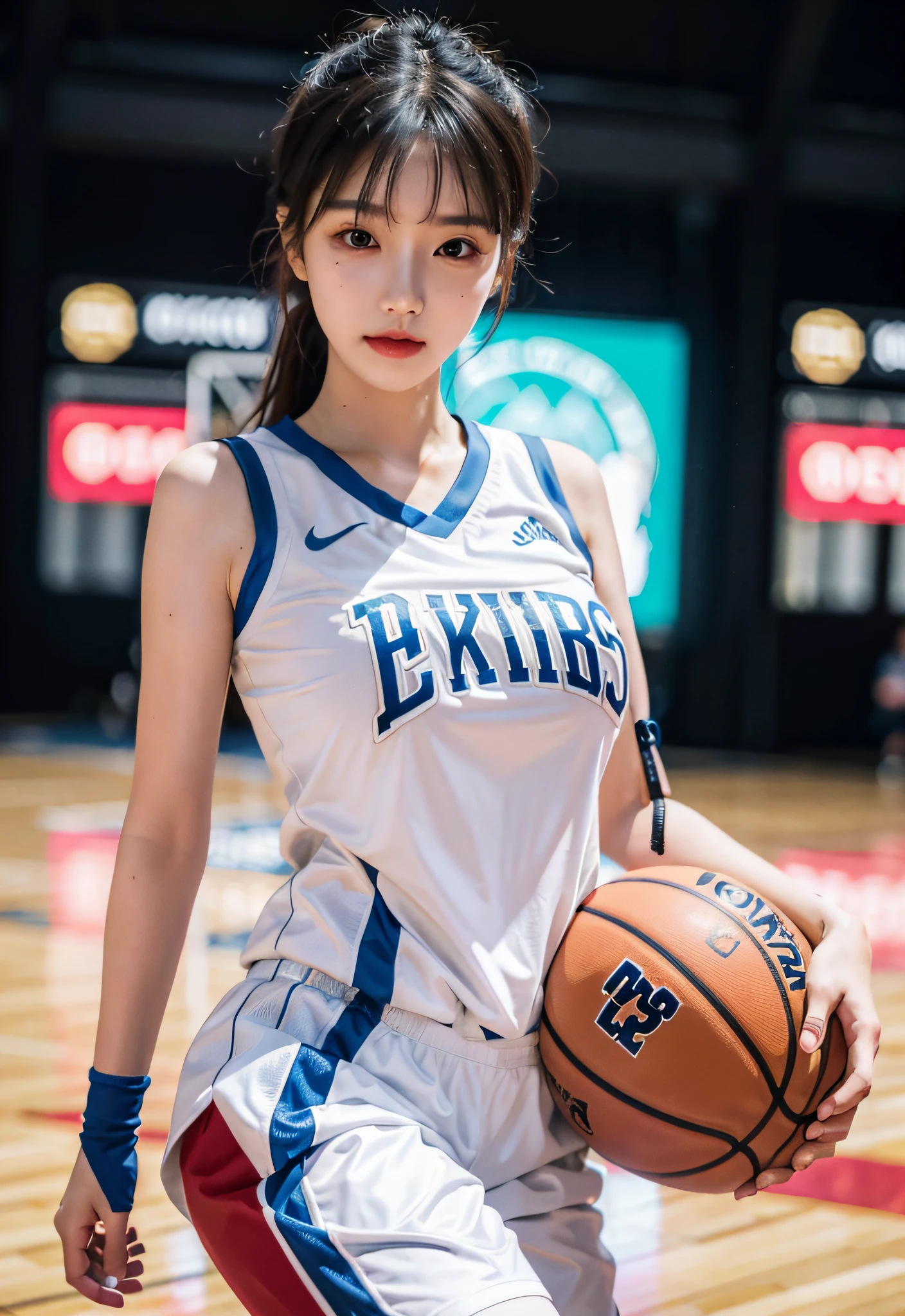 （ best qualtiy， tmasterpiece：1.2），A high resolution，4K,1girll，独奏，Delicate face，real looking skin，Dynamic light and shadow,Sharp focus,depth of fields,The eyes are delicate,pupil realistic, Playful expression， wear basketball uniform，（perfect bodies），（Big breasted 1.3），basketball playground，realisticlying, ultra - detailed, (shiny skins, perspired:1.4), looking at viewert,