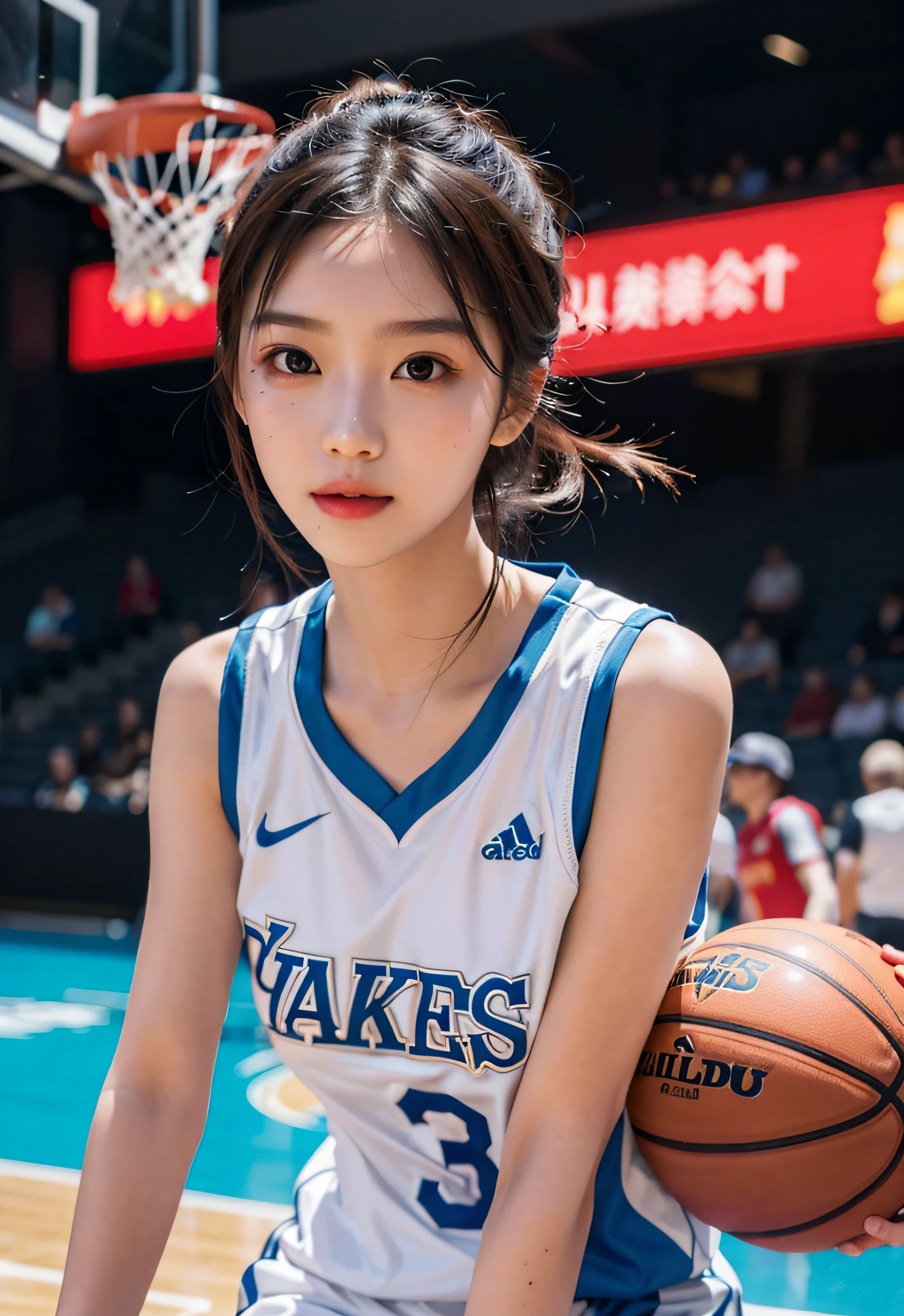 （ best qualtiy， tmasterpiece：1.2），A high resolution，4K,1girll，独奏，Delicate face，real looking skin，Dynamic light and shadow,Sharp focus,depth of fields,The eyes are delicate,pupil realistic, Playful expression， wear basketball uniform，（perfect bodies），（Big breasted 1.2），basketball playground，realisticlying, ultra - detailed, (shiny skins, perspired:1.4), looking at viewert,