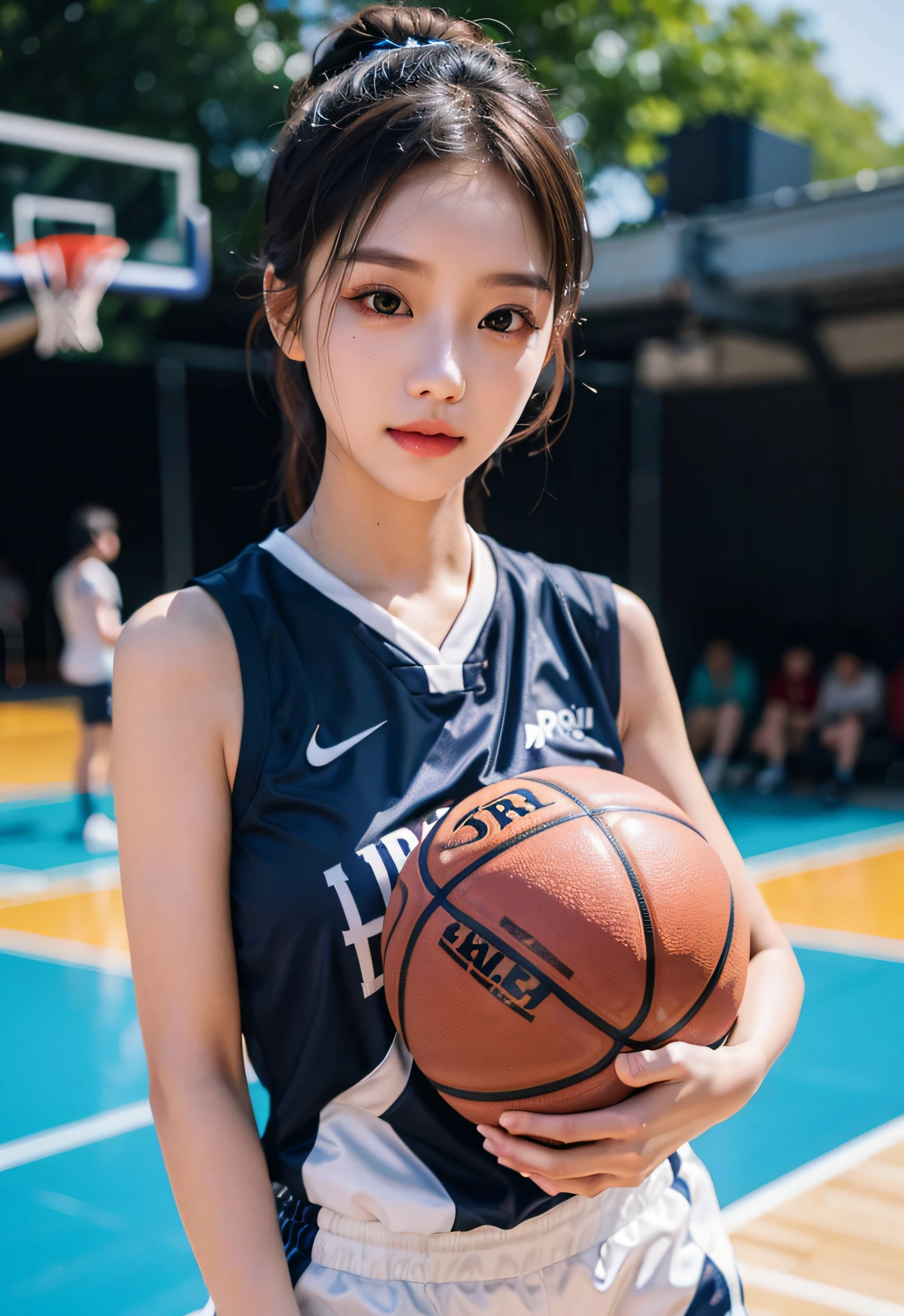 （ best qualtiy， tmasterpiece：1.2），A high resolution，4K,1girll，solo，Delicate face，real looking skin，Dynamic light and shadow,Sharp focus,depth of fields,The eyes are delicate,pupil realistic, Playful expression， wear basketball uniform，（perfect bodies），（Big breasted 1.2），basketball playground，realisticlying, ultra - detailed, (shiny skins, perspired:1.4), looking at viewert,