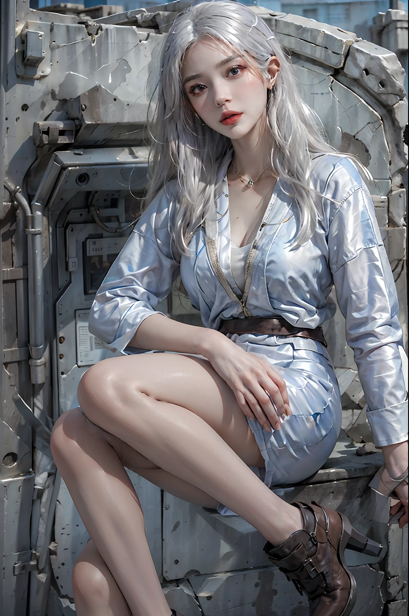 photorealistic, high resolution, 1women, solo, hips up, look at viewer, (detailed face), white hair, long hair, vaultsuit pipboy3000, blue suit