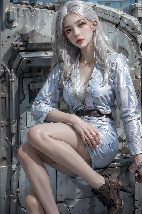 photorealistic, high resolution, 1women, solo, hips up, look at viewer, (detailed face), white hair, long hair, vaultsuit pipboy...