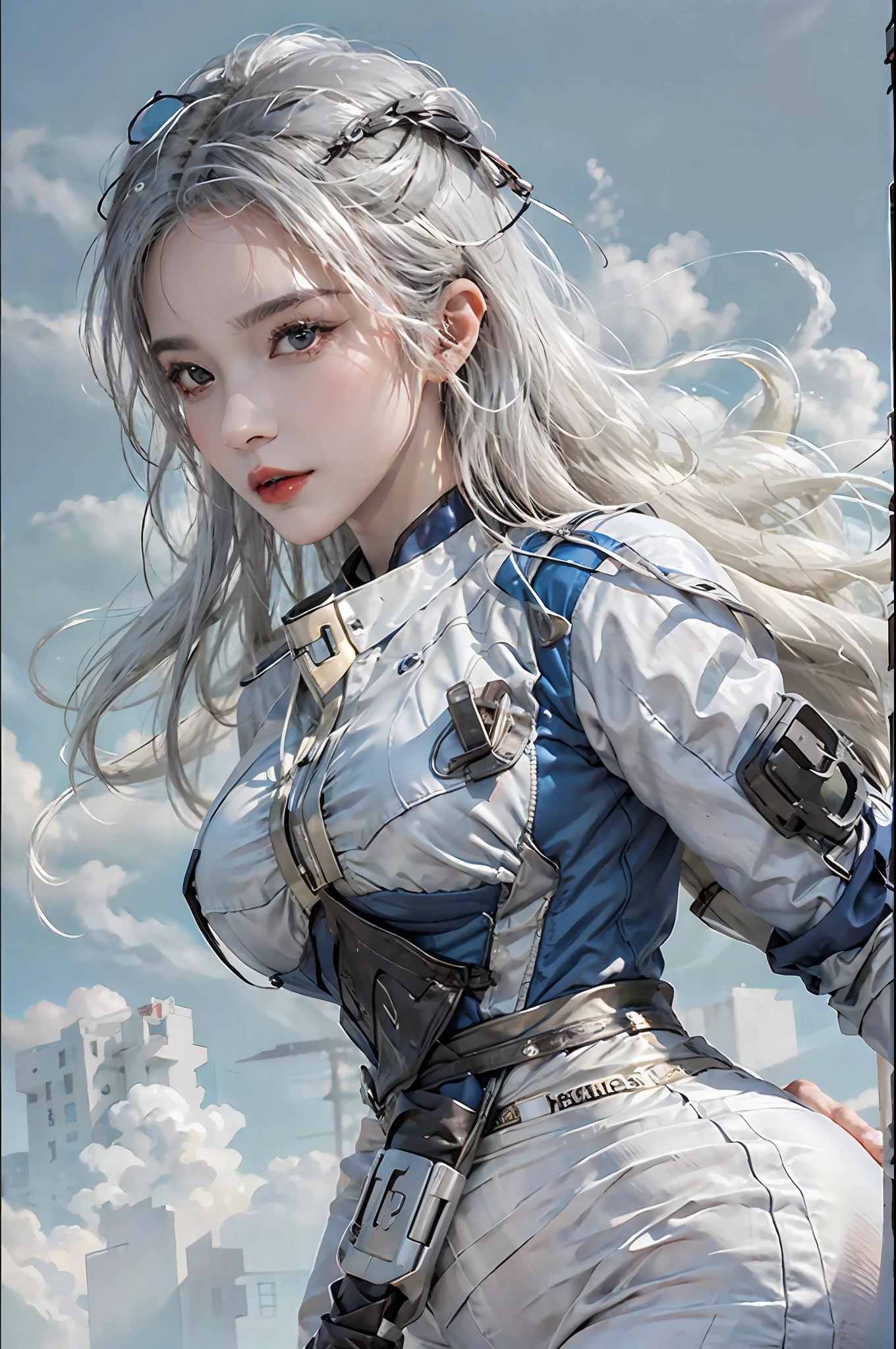 photorealistic, high resolution, 1women, solo, hips up, look at viewer, (detailed face), white hair, long hair, vaultsuit pipboy3000, blue suit