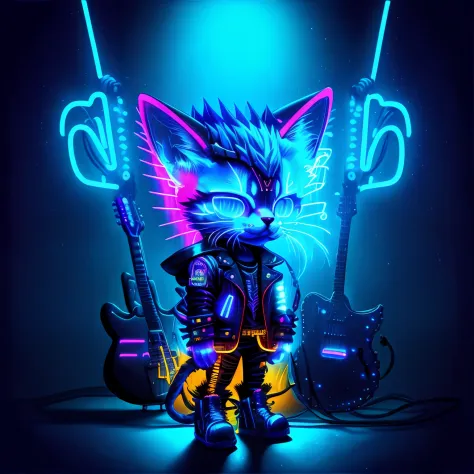 brightly lit illustration of a cat with a guitar and a neon sign, cyberpunk cat, an anthropomorphic cyberpunk fox, furry digital art, Synthwave art style ]!!, Epic retrowave art, Weirdcore VoidPunk Fursona, Synthwave art style, Synthwave art, [ Synthwave a...