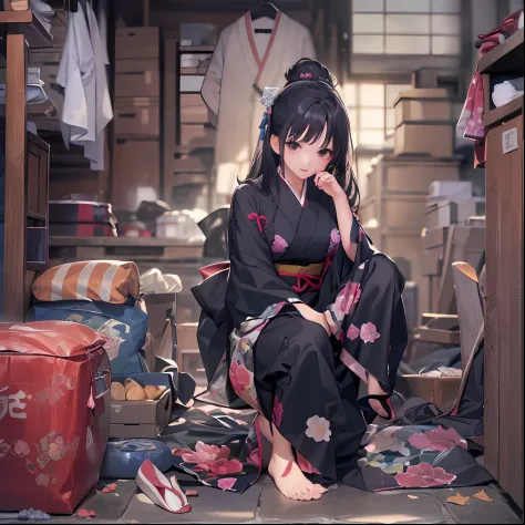 (top-quality、8K、32K、​masterpiece、nffsw:1.3)、(Attractive Japanese Woman Pictures)、Girl sitting in the corner of the storeroom、Yukata、A dark-haired、Black eye、