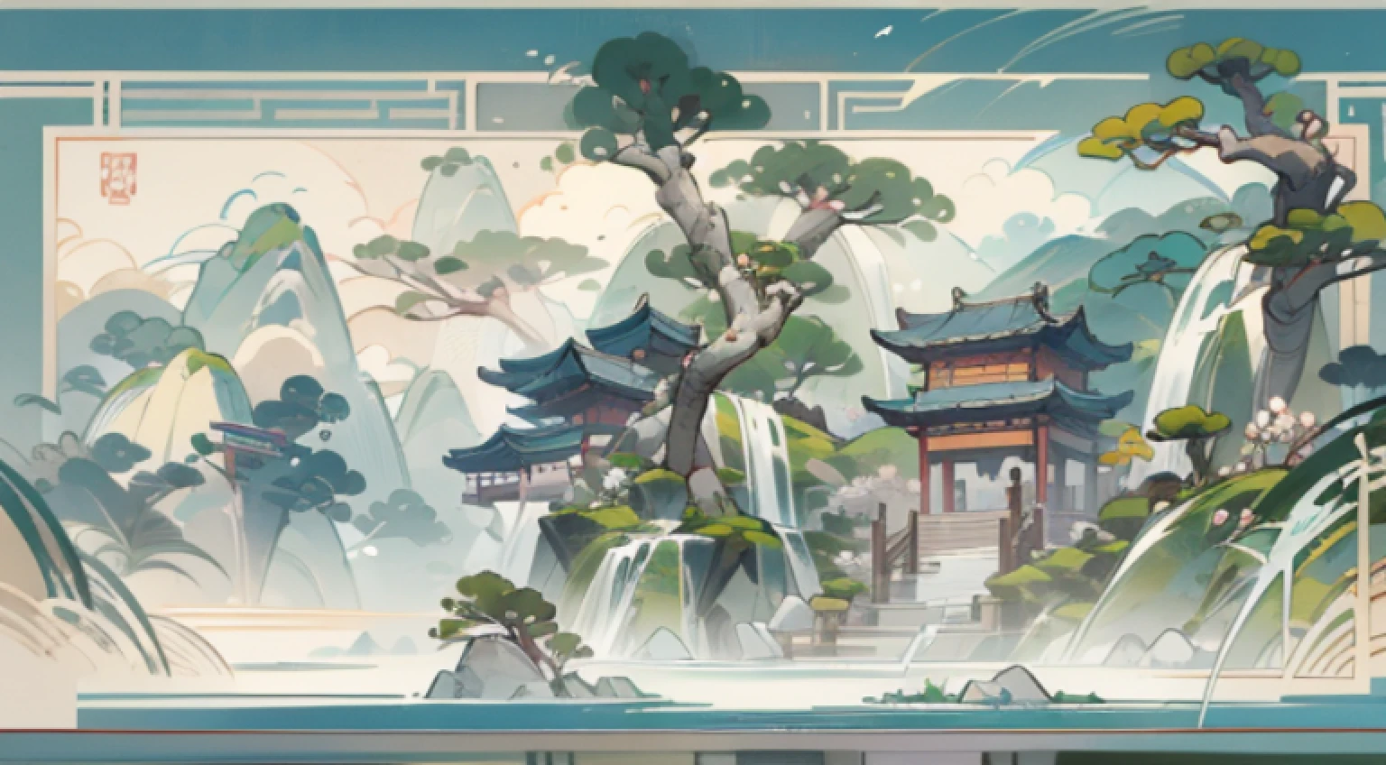 Conception de scènes de jeu antiques，fleurs，foret de bambou，Un ciel bleu，nuage blanc，Peinture à l&#39;encre de Chine, sculpture de rendu OC