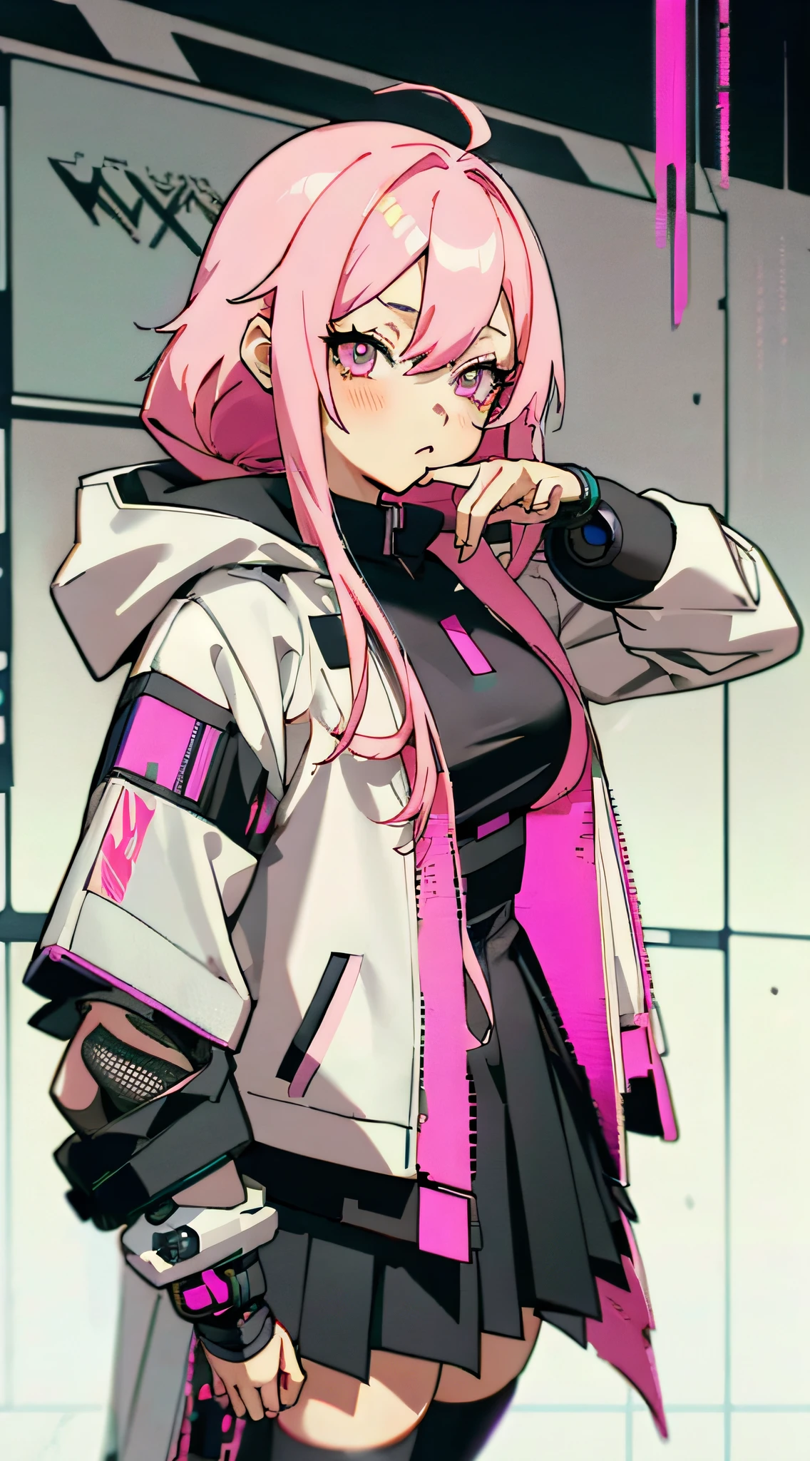 Menina anime com cabelo rosa e uma jaqueta branca e saia preta, estilo anime 4 k, garota de anime cyberpunk in hoodie, estilo anime. 8K, papel de parede de arte de anime 8k, estilo anime, garota de anime cyberpunk, vibrações de anime, papel de parede de arte de anime 4k, Papel de parede de arte anime 4k, estilo de arte de anime de alta qualidade, retrato anime espaço cadete garota, arte digital de anime cyberpunk