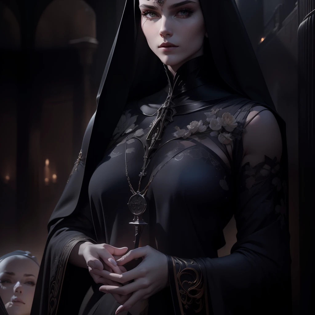 Dark cemetery、Silversmith Nun、ighly detailed、The female body with attention to detail、Beautiful skins、Clear skin、Well-proportioned body、Black lace monastic vestments、Soft breasts、Shiny body、Dark cemetery、Spotlight illuminating the nun、cinematlic lighting、highcontrast、​masterpiece、top-quality、Top image quality