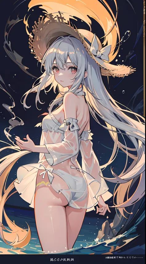 1girll，Straw Hat Hat，white swimwear，比基尼，Bare belly，Long messy hair，short transparent dress，see-through sleeves，A lot of smoke，Exquisite，Elegant colors，high detal，tmasterpiece，ultra - detailed，dynamic angle，Mural background，water ink，astounding，cinmatic lig...
