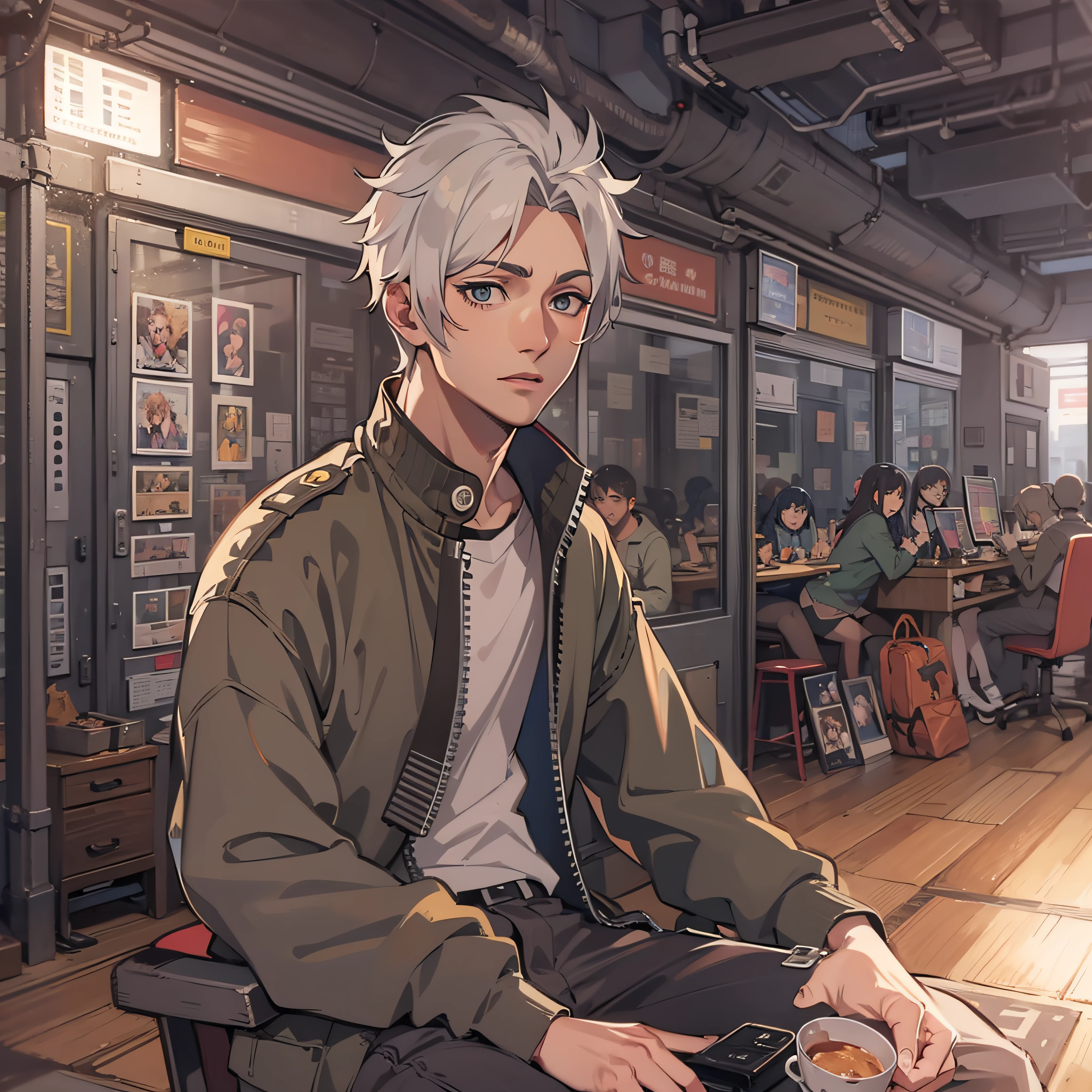 Anime - style image of a man sitting in a cafe with a cup of coffee -  SeaArt AI