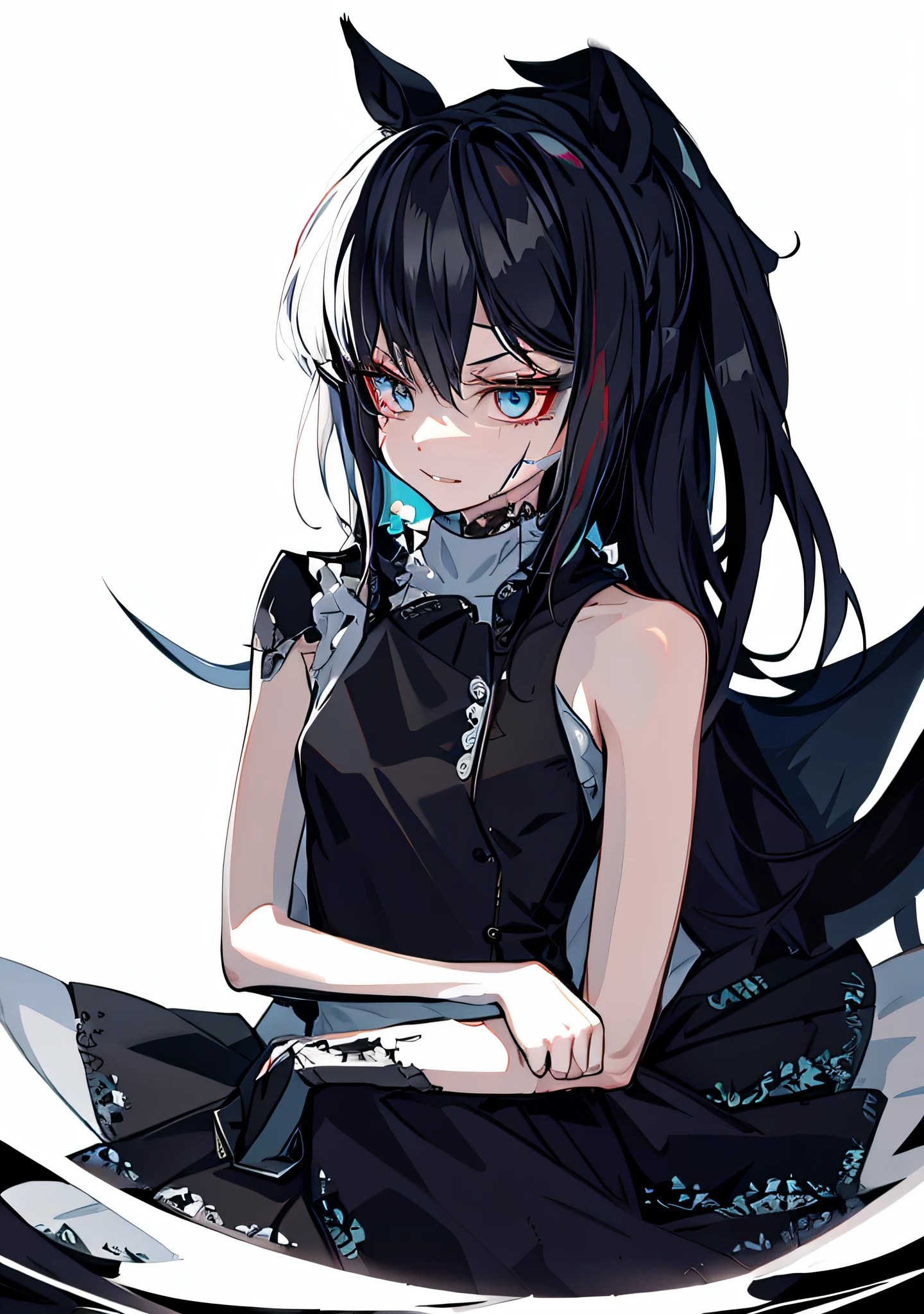 動漫女孩 with black hair and blue eyes sitting on white surface, gapmoe 揚德雷 grimdark, gapmoe 揚德雷, 揚德雷, 肖像 gapmoe yandere grimdark, 動漫女孩 wearing black dress, 病態錯綜複雜, 惡魔 動漫 女孩, 揚德雷. 高的, (動漫女孩), 哥德少女動漫女孩, 動漫萌系藝術風格, 一個動漫女孩，臉上有疤痕，傷疤，赛马女孩，馬姑娘，馬爾