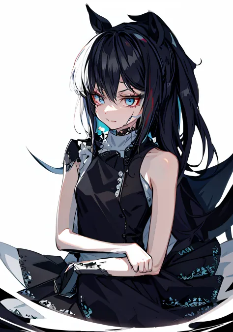 Anime girl with black hair and blue eyes sitting on white surface, gapmoe Yandere grimdark, gapmoe Yandere, Yandere, portrait ga...