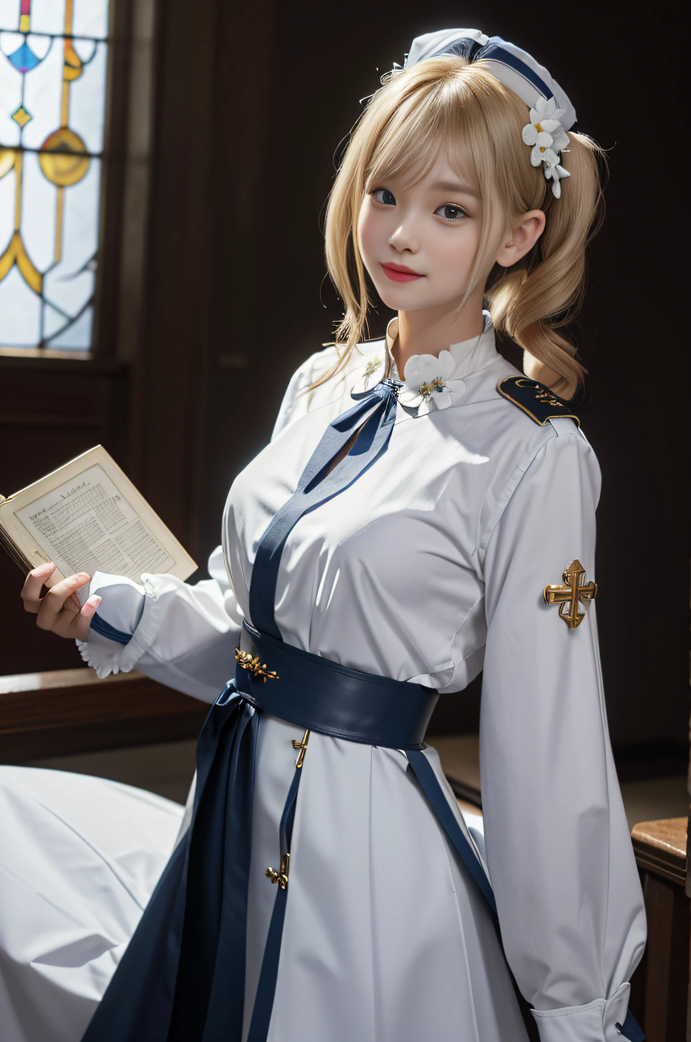 (((1))), Blue Eyes, Golden Hair, ((Golden Hair)) ((Beautiful hair quality))(Shiny hair)),(See this with the camera)),Nikon Z Series,Blue and white priest uniform with chest mounds visible., Beautiful chest mound, Priest uniform, white and blue Ribbons on the chest, (A leather sash hung with a magic book), (wearing a small white hat with a black border There is a cross in the middle of the hat), (wearing a large blue and white bow on the shirt in the middle of the chest), (Golden frame green magic book In the center of the book was a spherical blue water crystal), Concave neckline shirt overlooking the chest, (AKB 48),(piercing),((Tie her hair with white flowers ribbons)),(side ponytail), Golden Hair, (I tie 2 sides in the corrugation),(Smiles),((Roman Church)), The people behind it, Church in the background,lighting,High Quality,masterpiece,ultra-high resolution,(photorealistic portrait:1.4), light smile, Very detailed and professional.