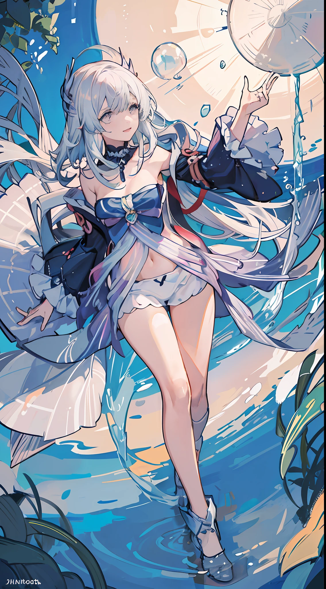 1girll，Straw Hat Hat，white swimwear，比基尼，Bare belly，Long messy hair，short transparent dress，see-through sleeves，A lot of smoke，Exquisite，Elegant colors，high detal，tmasterpiece，ultra - detailed，dynamic angle，Mural background，water ink，astounding，cinmatic lighting，illustratio，lightand shade contrast，The light from the back window is backlighted，God Ray，Best quality at best，Best quality at best