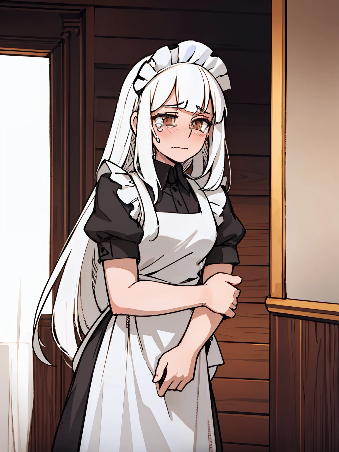 A girl frontal,((full bodyesbian,Long curly white hair,the maid outfit,streaming tears)),Calf white silk,Put your hands in front,Young, White background