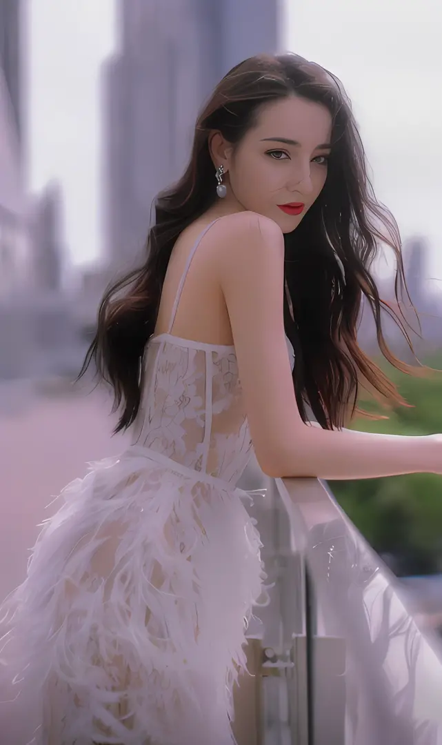 Woman in white dress leans against the railing, dressed in a frilly ((Lace)), Wearing a gorgeous dress, Wearing a feather dress, shaxi, Ethereal beauty, dressed in white intricate lace, Ethereal and dreamy, Dressed in elegant dresses, Dreamy and ethereal, ...