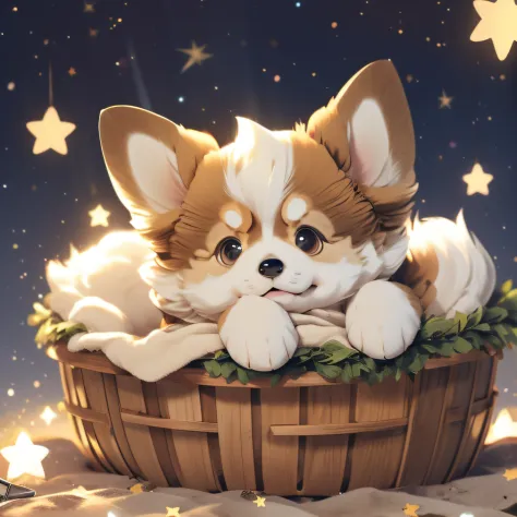 a cute，kawaii，shaggy，fluffy hair，corgi puppy with round eyes，slept in a small soft bed，the sky is full of stars