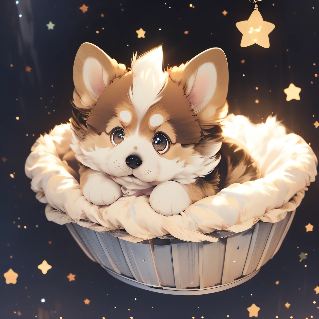 A cute，kawaii，shaggy，Fluffy hair，Corgi puppy with round eyes，Slept in a small soft bed，The sky is full of stars