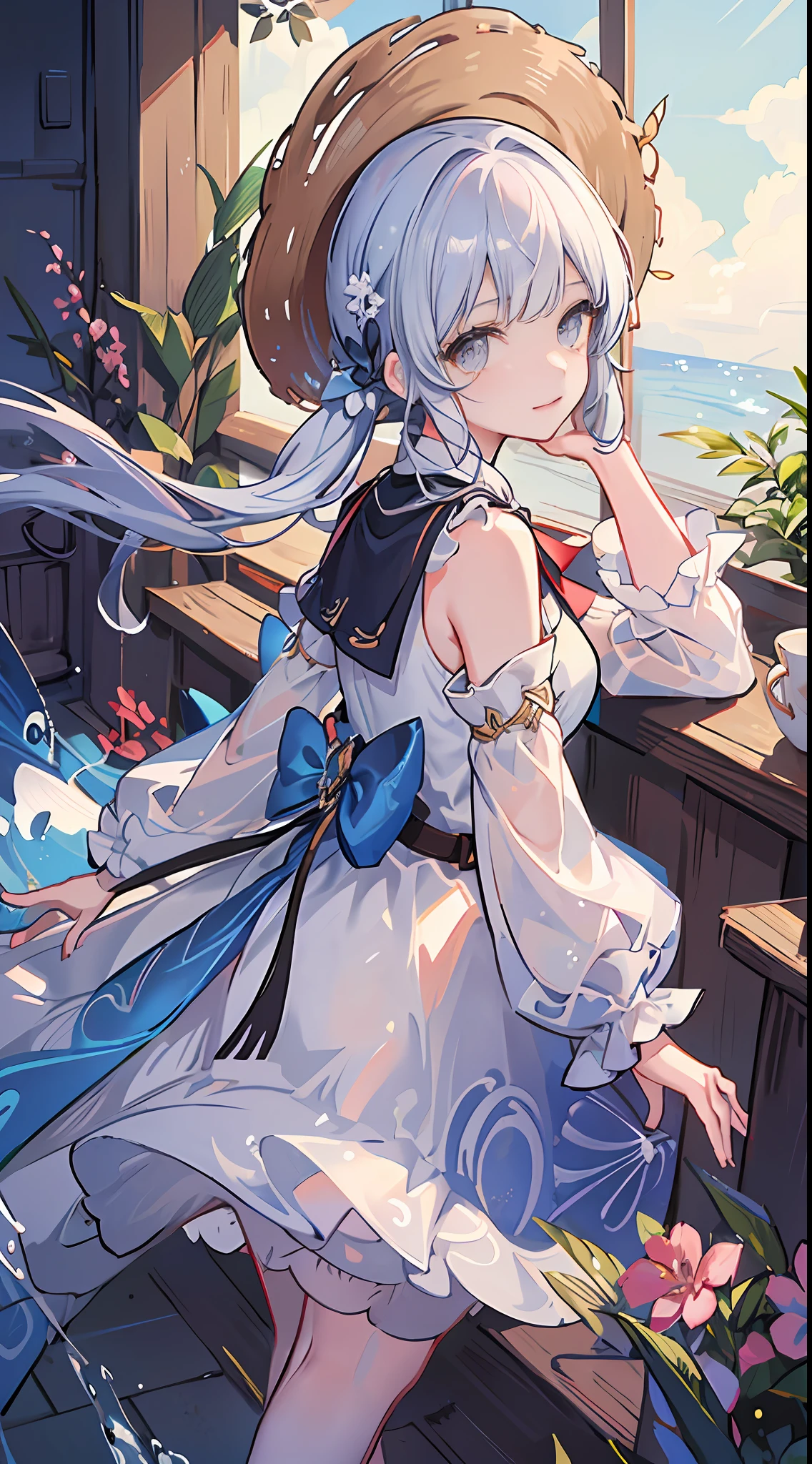 1girll，Straw Hat Hat，white swimwear，比基尼，Bare belly，Long messy hair，short transparent dress，see-through sleeves，A lot of smoke，Exquisite，Elegant colors，high detal，tmasterpiece，ultra - detailed，dynamic angle，Mural background，water ink，astounding，cinmatic lighting，illustratio，lightand shade contrast，The light from the back window is backlighted，God Ray，Best quality at best，Best quality at best