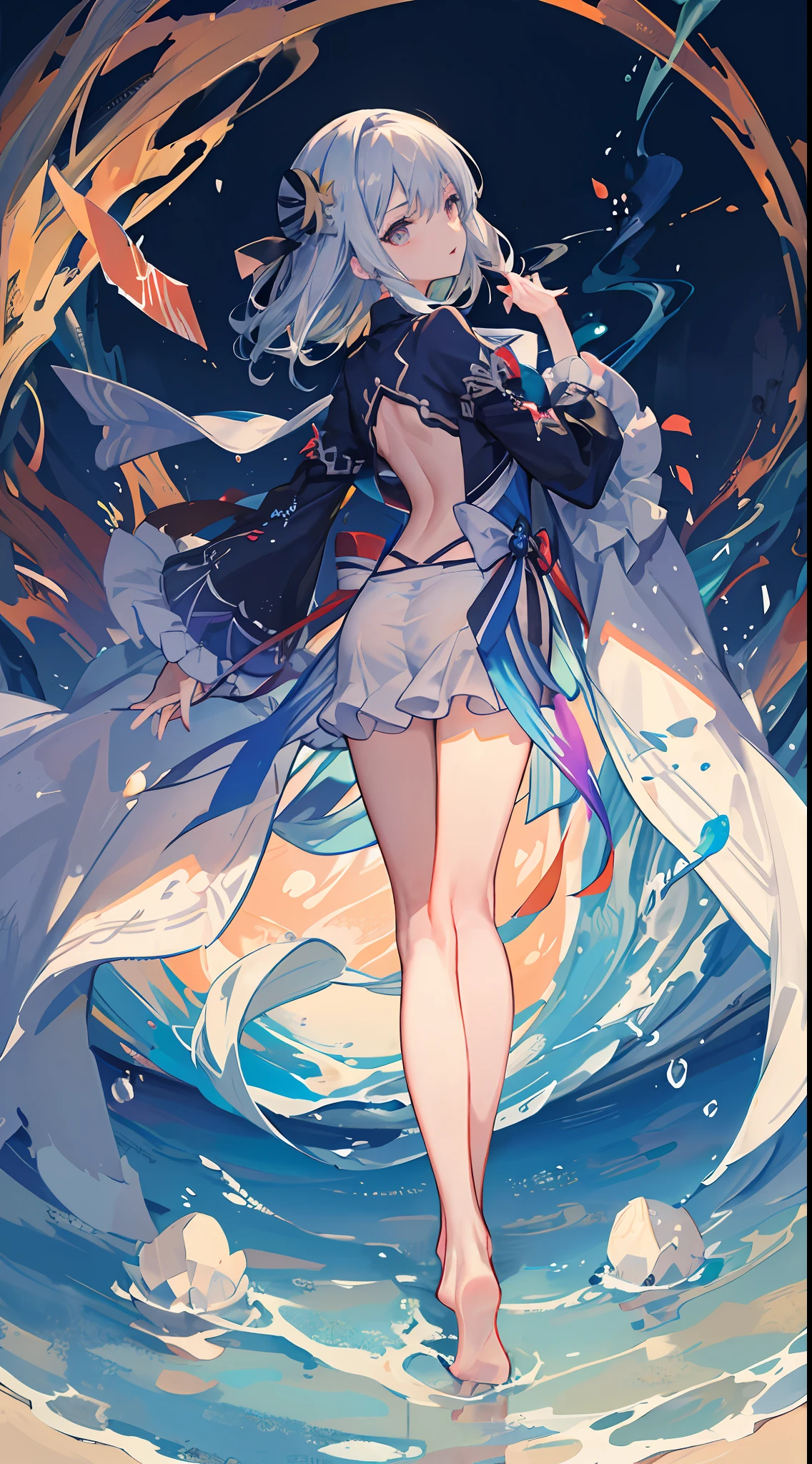 1girll，Straw Hat Hat，white swimwear，比基尼，Bare belly，Long messy hair，short transparent dress，see-through sleeves，A lot of smoke，Exquisite，Elegant colors，high detal，tmasterpiece，ultra - detailed，dynamic angle，Mural background，water ink，astounding，cinmatic lighting，illustratio，lightand shade contrast，The light from the back window is backlighted，God Ray，Best quality at best，Best quality at best