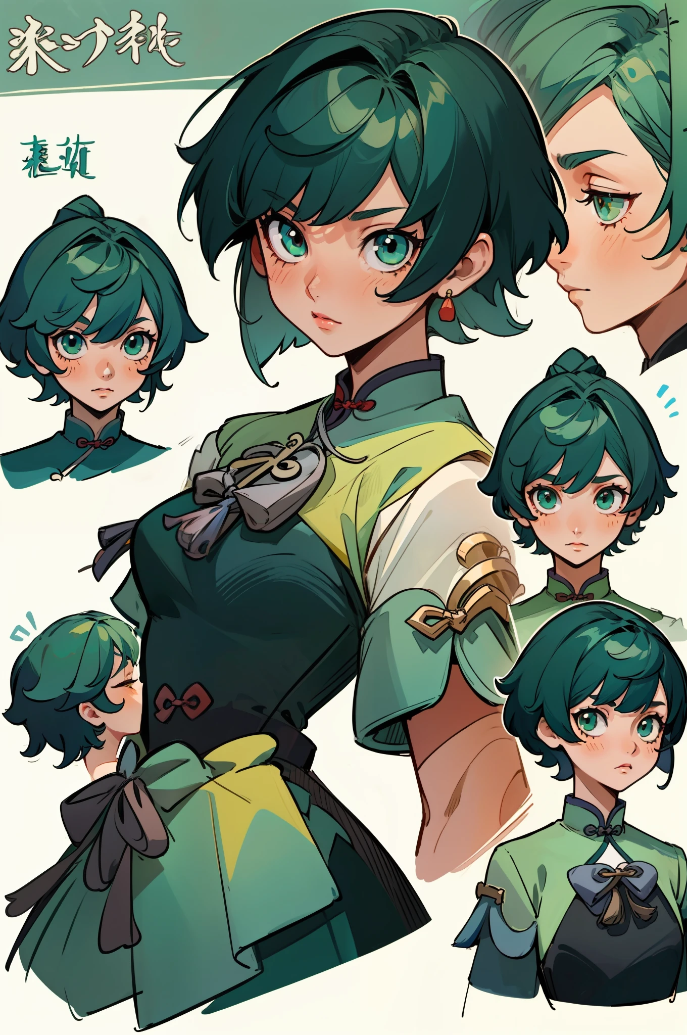 Close up of a girl with dark green hair with short hair，Wear a simple dress，Chinese girl design，Genshin level detailed art，Anime character design，anime concept art，pretty anime character design，anime character reference sheet，[character  design]