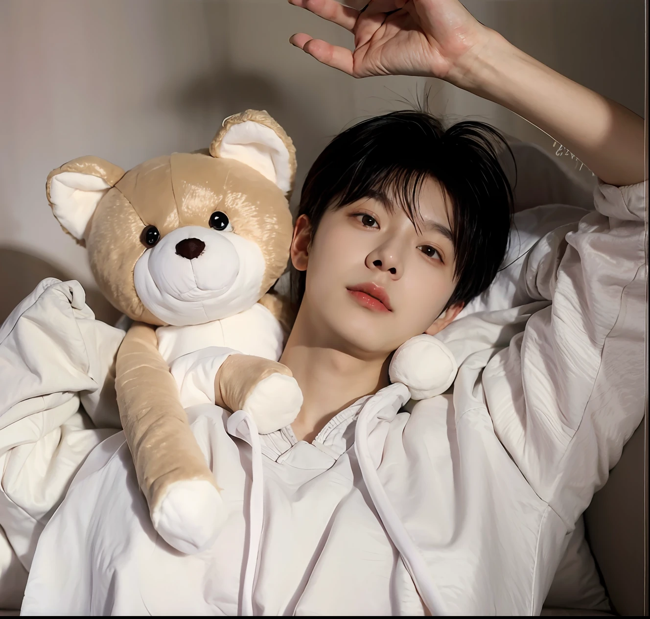 （Handsome Chinese guy：1.5）There was a little boy sleeping in bed with a teddy bear, Male ulzzang, Cai Xukun, Sleeping, arte mista, Sleepy, Soft mood, Kim Do-young, Lie on a furry blanket, Shin Jinying, Asian male, BREAK BREAK BREAK, happy cozy feelings, Realistic. Cheng Yi, resting on chest, Sleepy expression, South Korean male, Lying in bed