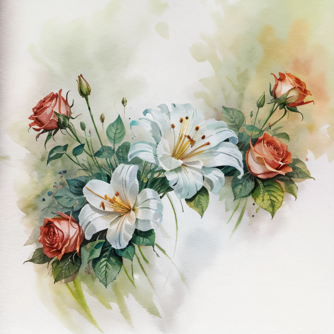 aquarela, ilustrações, A base de papel é decorada com rosas e lírios, fundo branco,