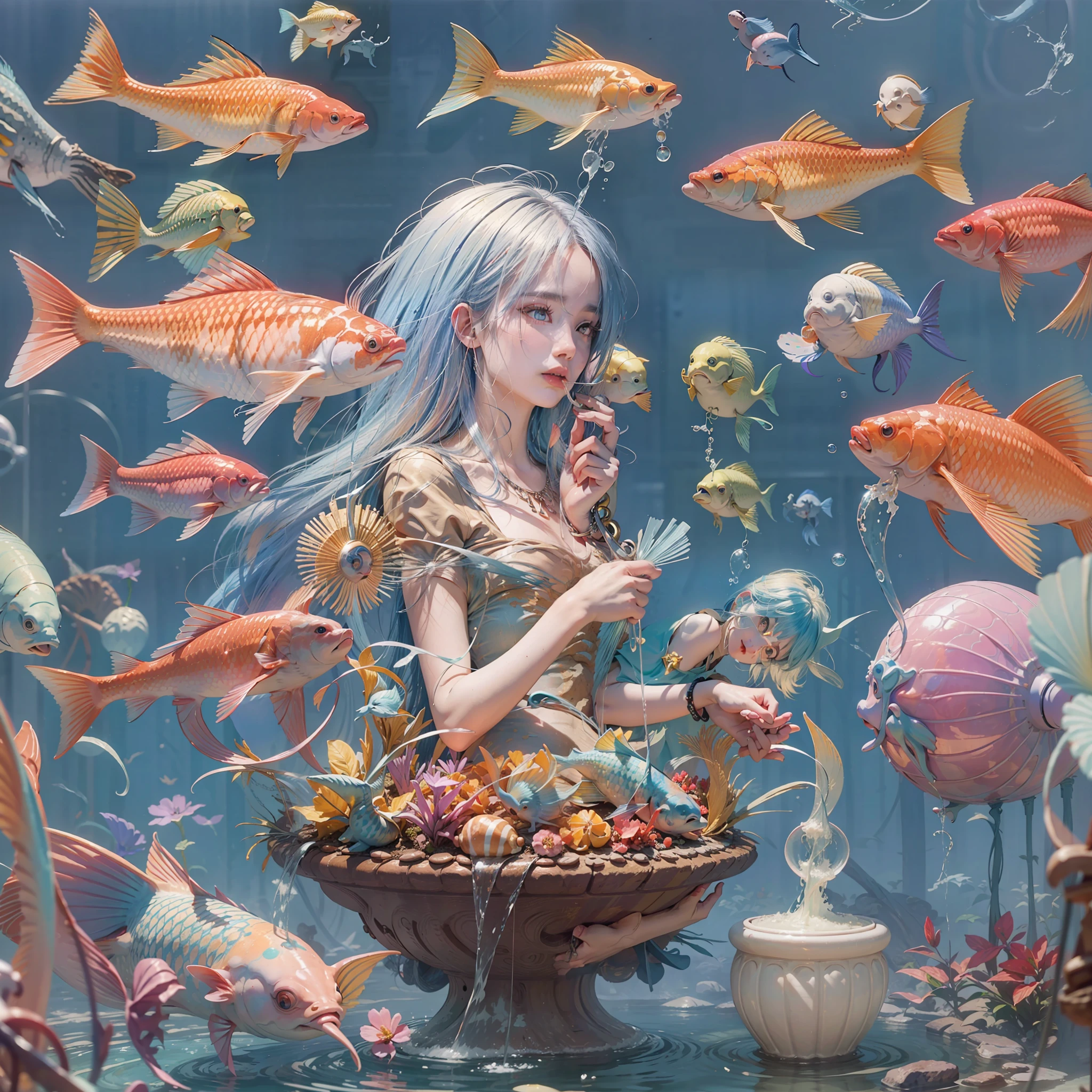 Anime girl with fish and flowers in a bowl - SeaArt AI