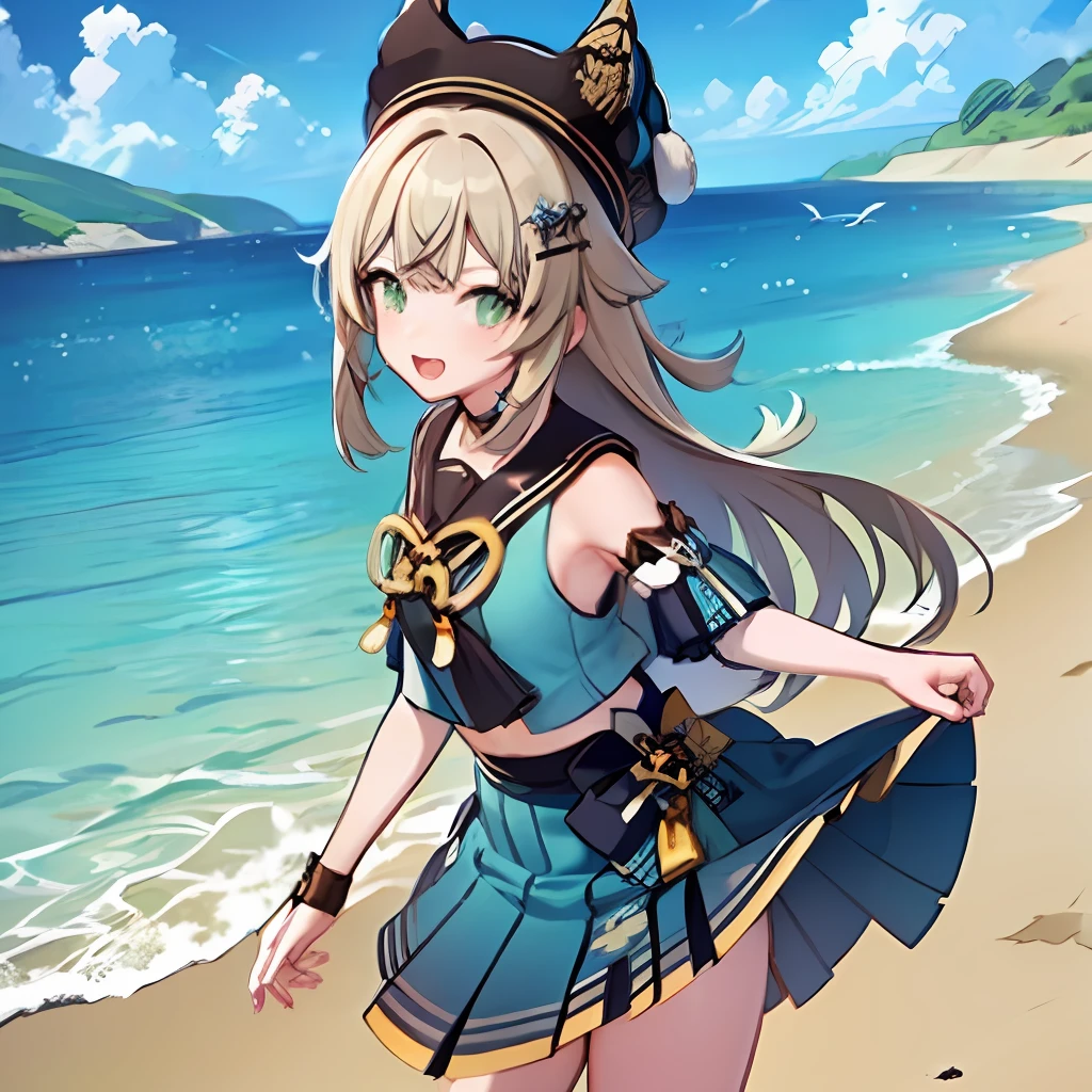 1girll, Solo, (Masterpiece:1,2), Best quality, Masterpiece, A high resolution, Original, extremelydetailedwallpaper, Perfect lighting,(Extremely detailed CG:1.2), Drawing, paint brushes, Armpits, beach, Bird, Breasts, Cloud, Detached sleeves, dress, Hat, horizon, Lake, Long hair, view the viewer, Ocean, Outdoors, seagulls, Skirt, skirt hold, sky, Solo, Sunrise, Sunset, wading, water, Small mouth, Open mouth